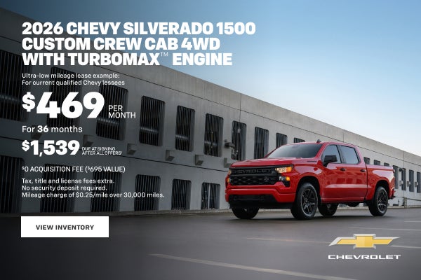 2026 Chevy Silverado 1500 Custom Crew Cab 4WD with TurboMax Engine. Ultra-low mileage lease exam...